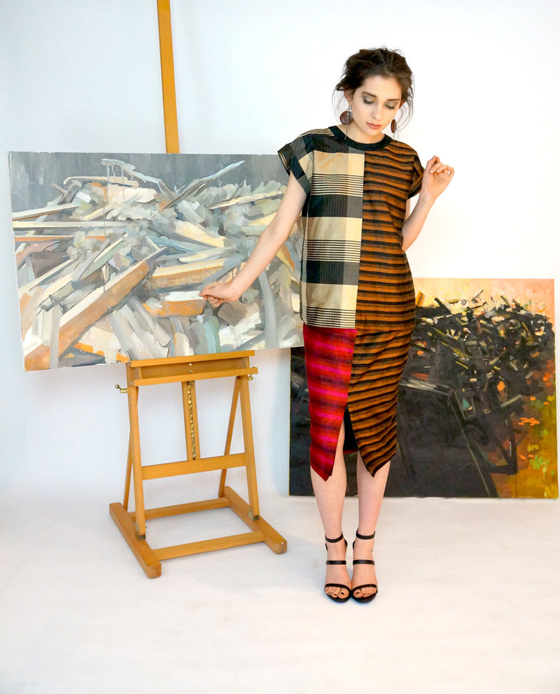 Joy Pencil Skirt in Striped Slub Silk Multi